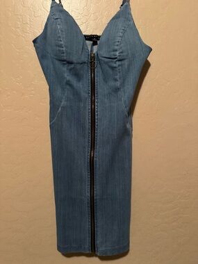 Denim Zip-Front Midi Dress in Light Blue